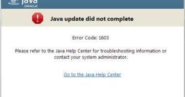 java update did not complete error code 1603